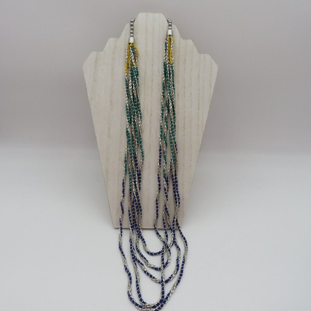 Chicos Necklace 32" Multi Strand Layered Silver Tone Blue Green‎ Yellow Beads